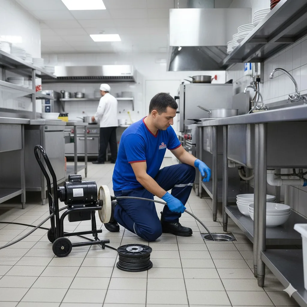 Técnico da Suprema desentupindo ralo de cozinha industrial em restaurante no Rio de Janeiro