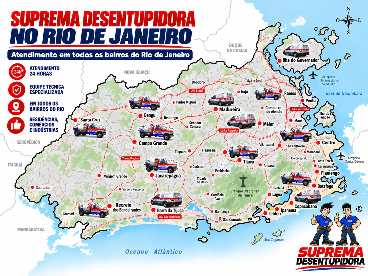 Mapa de atendimento da Suprema Desentupidora em todos os bairros do Rio de Janeiro, com caminhão limpa fossa e equipe